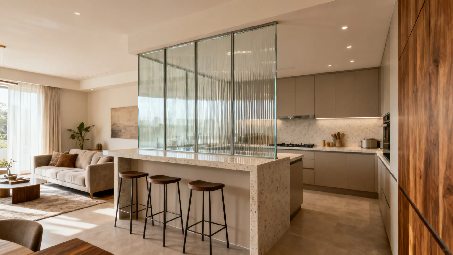 Semi-open partition with half-height counter and fluted glass dividing a small living room and Indian kitchen.