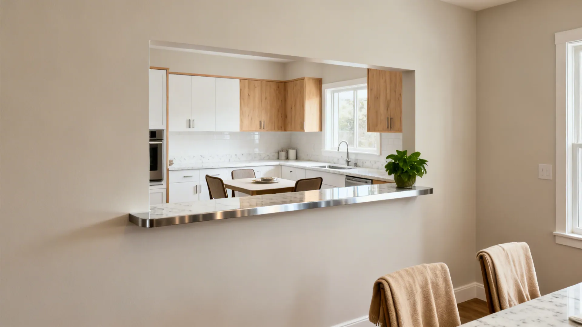 Semi-open kitchen with a waist-high pass-through ledge connecting to a small dining area in soft neutral tones.