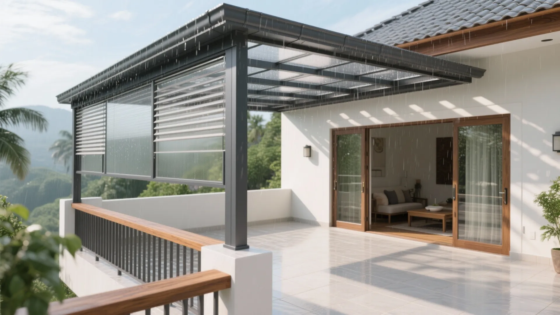 Modern outdoor terrace with grey roof cover overlooking green mountains and a comfortable living room