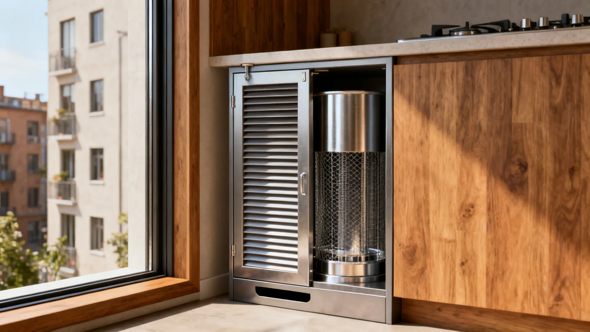 Slim semi-outdoor side cabinet with louvered door and mesh safely ventilating a gas cylinder.