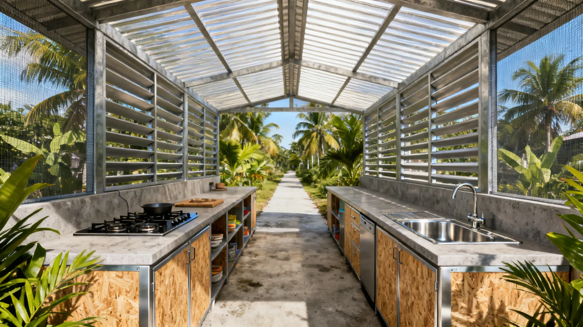 Semi-outdoor galley kitchen with slatted roof, side louvers, parallel counters, and tropical airflow.