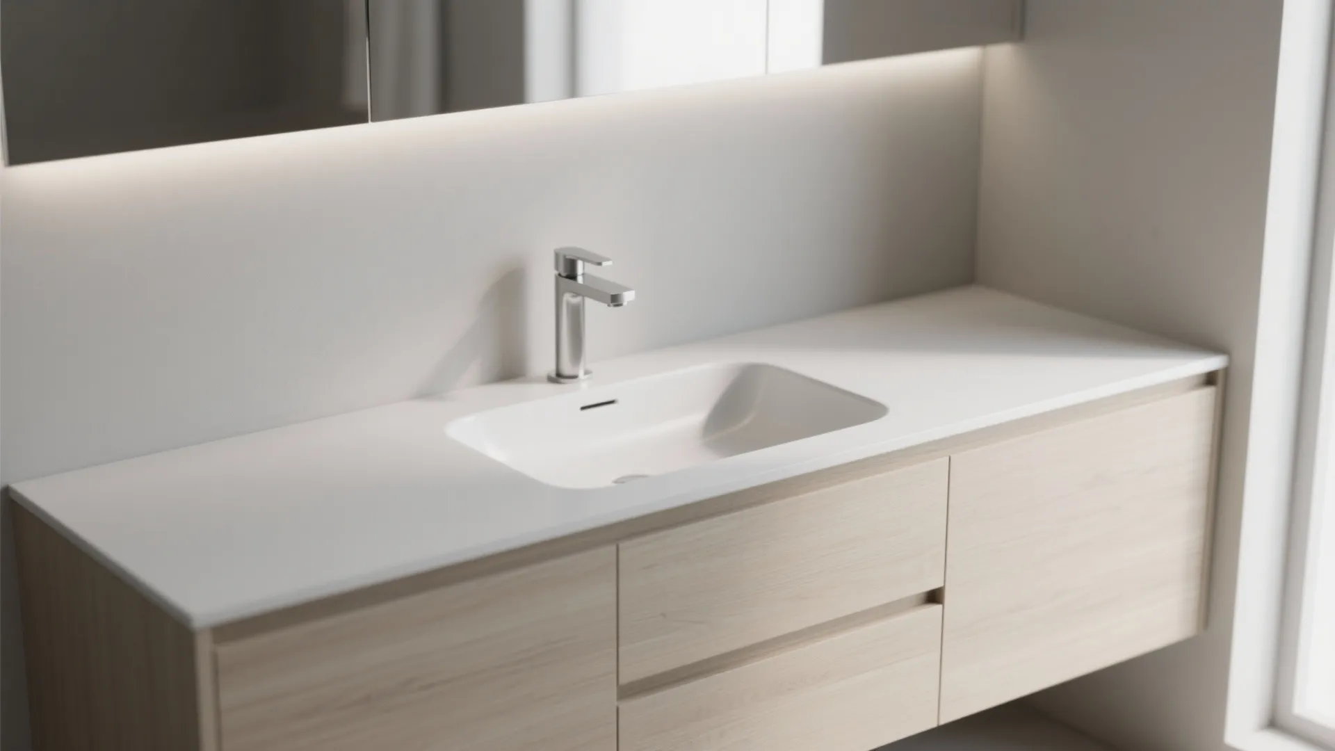 Semi-recessed slim-profile sink over a 300 mm deep narrow vanity with tidy drawers.