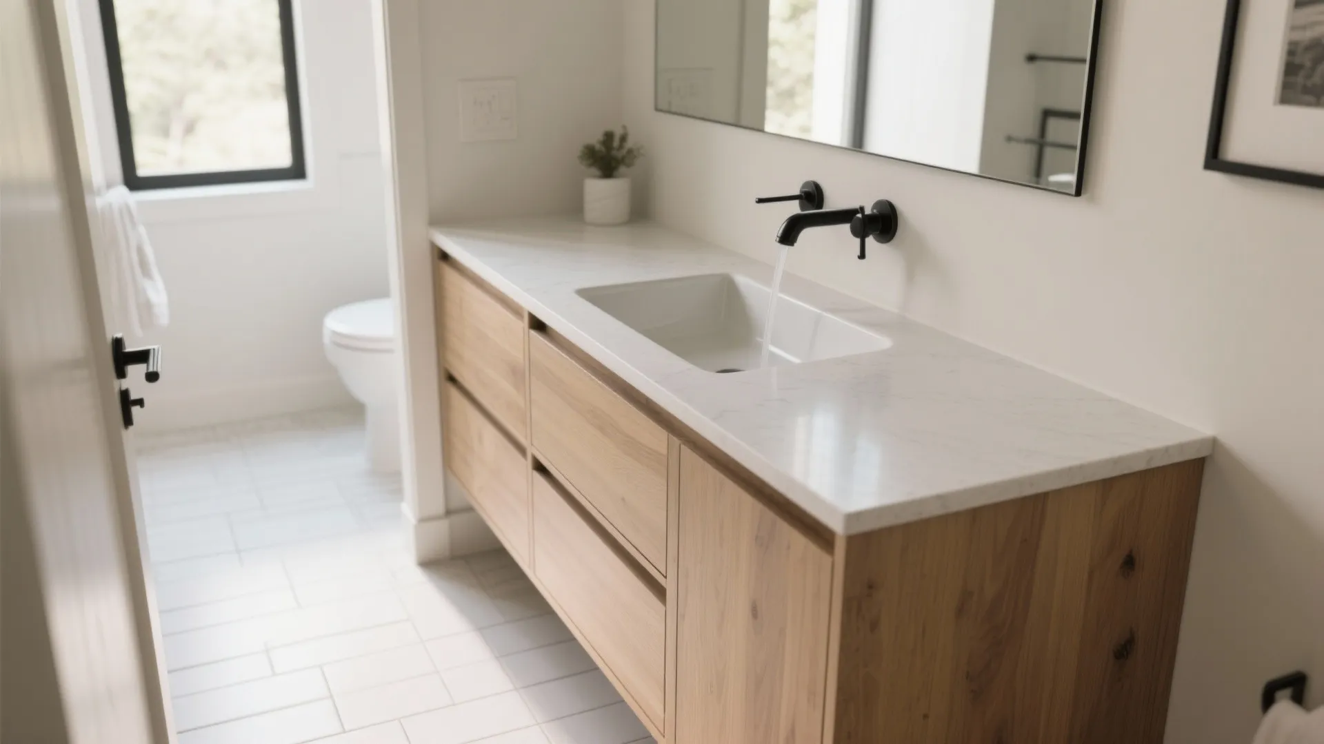 Semi-recessed basin over a shallow vanity