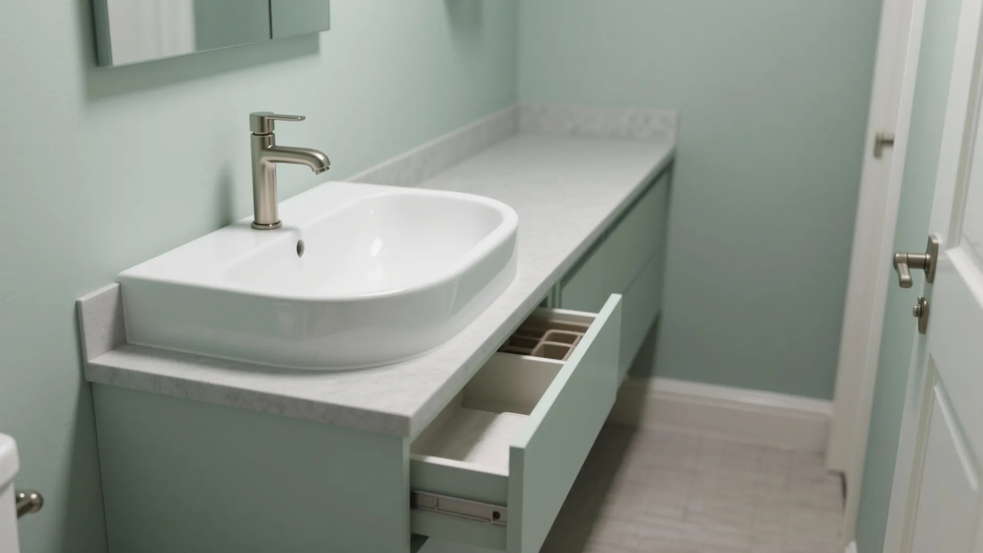 Modern bathroom with white sink on marble counter green cabinets and open drawer with organizer