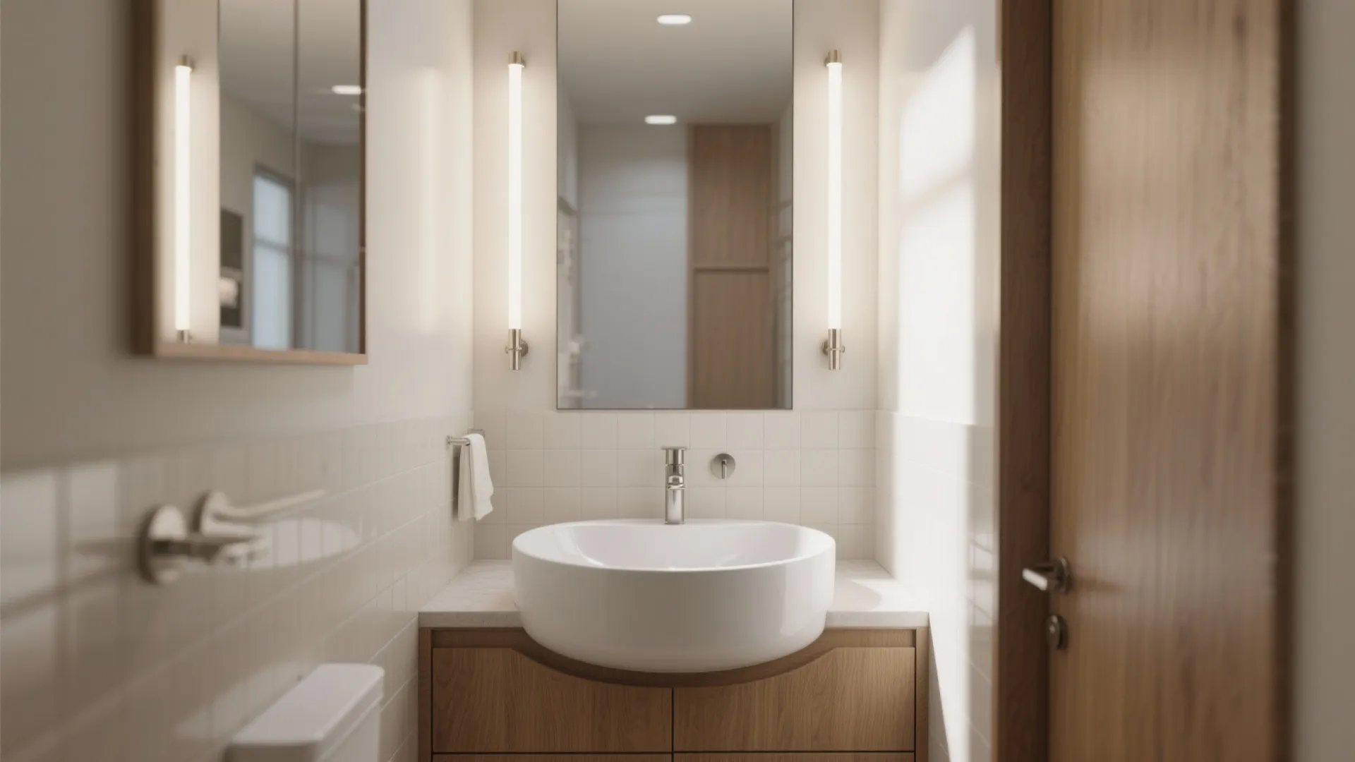 Semi-recessed basin to save depth in narrow rooms
