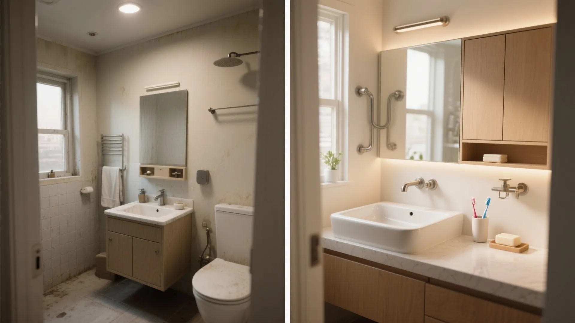 Before and after comparison of a small bathroom renovation showing improved cabinet mirror and light fixture