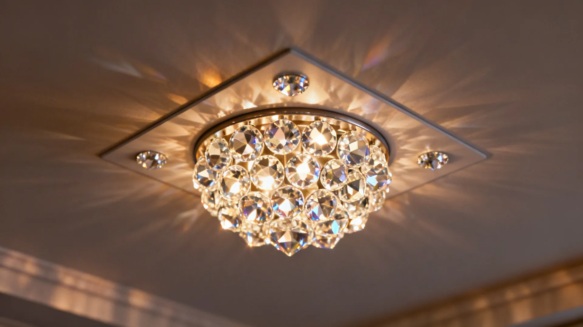 Semi-recessed crystal cluster in a low ceiling offering sparkle without protrusion
