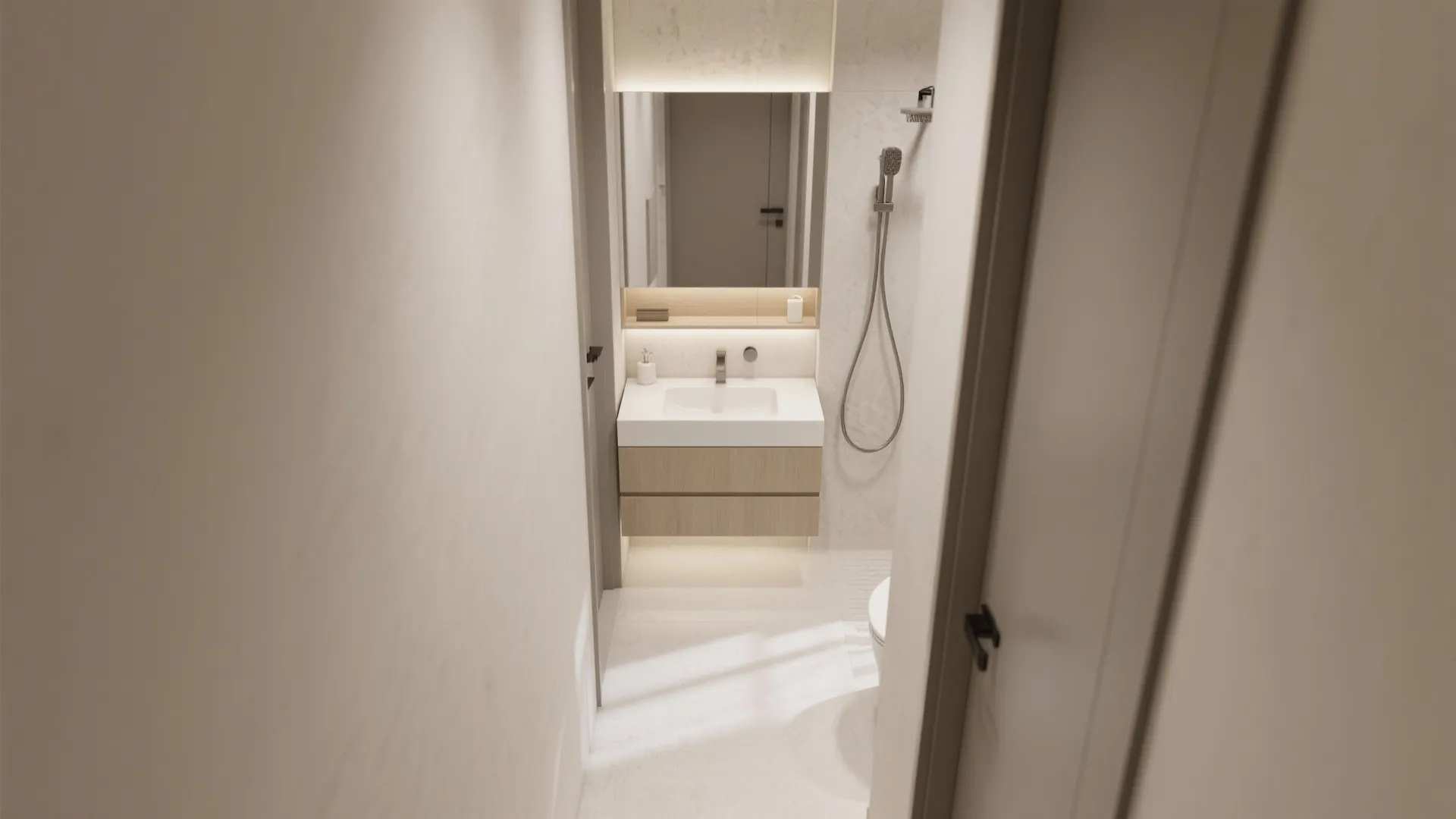 Semi-recessed vanity for narrow corridors