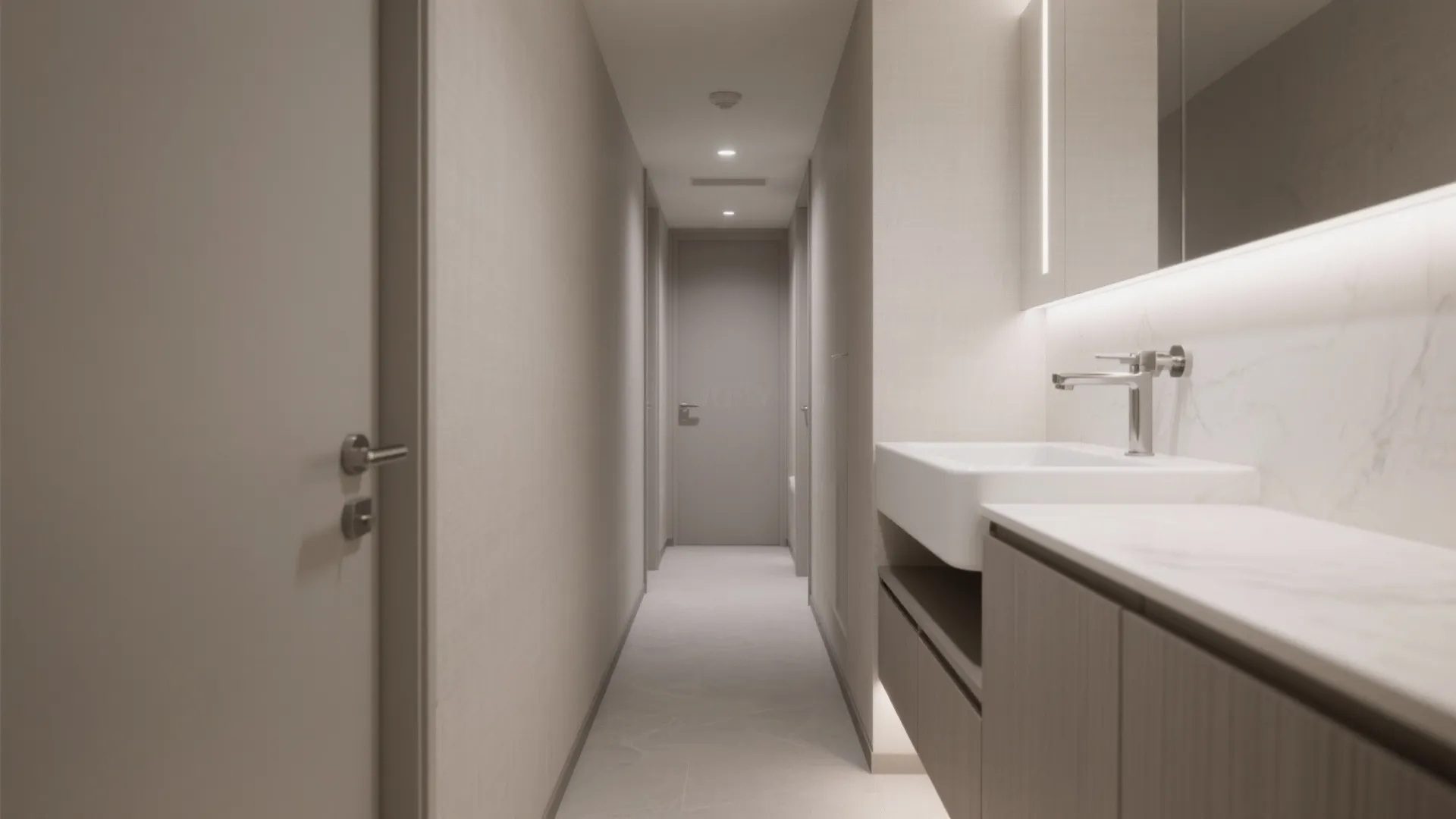 Semi-recessed vanity for narrow corridors