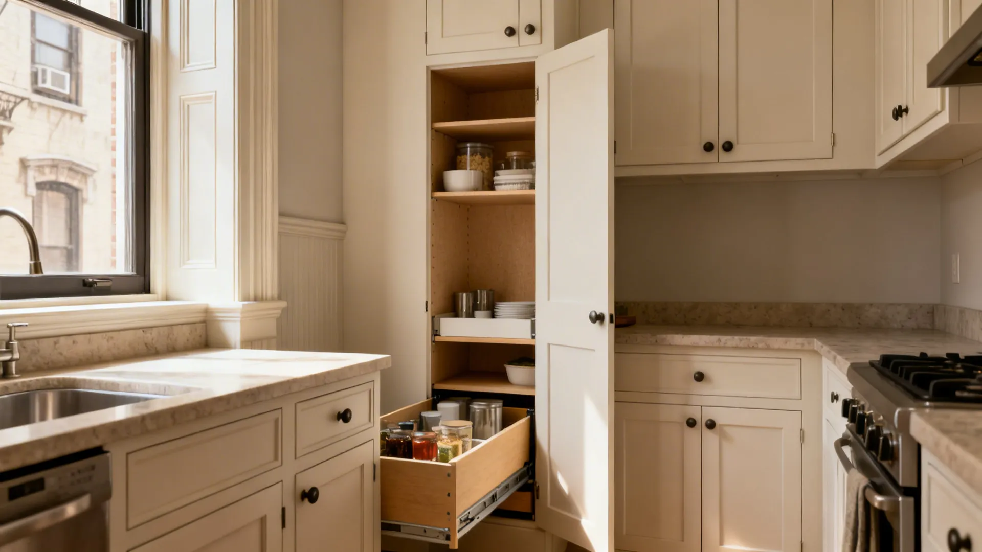 Small kitchen with light-painted Shaker cabinets and an open tall pantry pull-out.