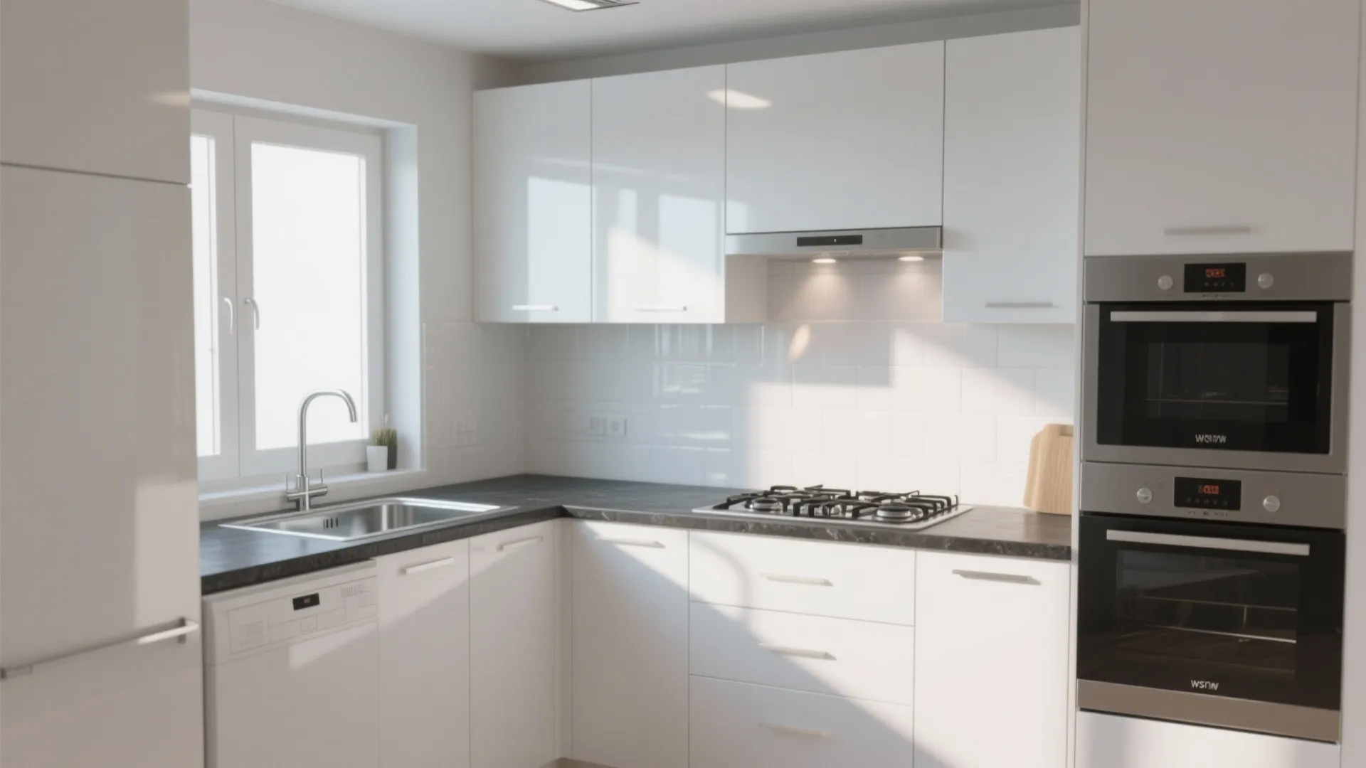 Bright compact kitchen with semi-gloss cabinets near sink reflecting soft daylight.