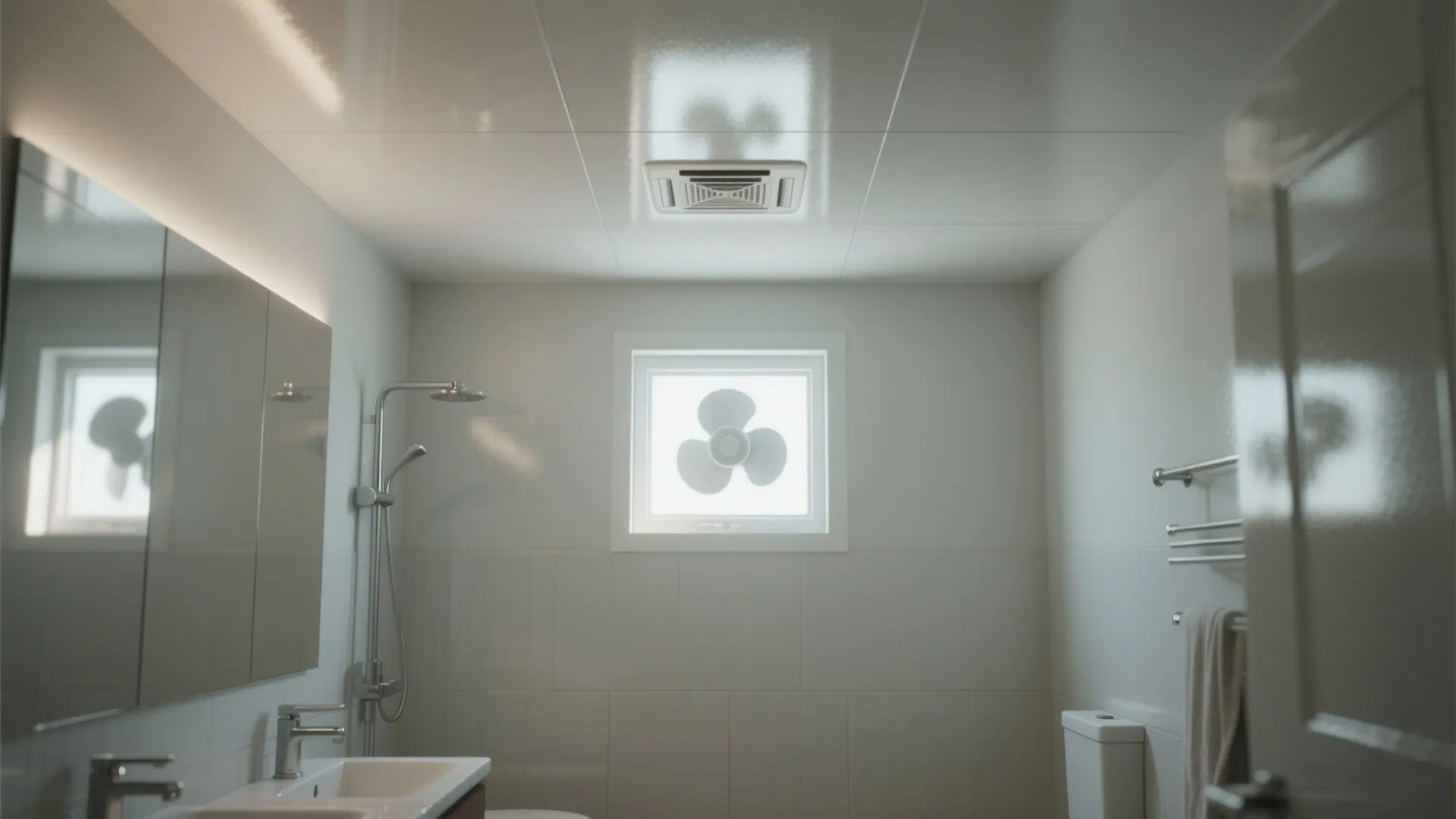 Clean bathroom with glossy white ceiling tiles small window with fan shower and white sink