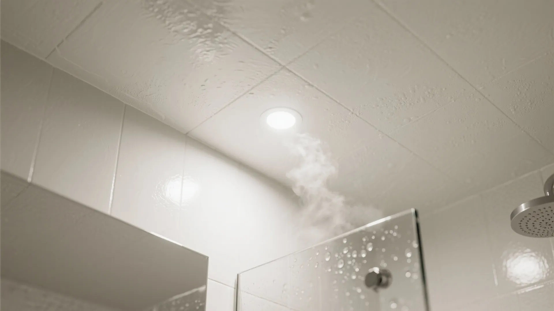 Close up of bathroom ceiling light with steam rising near glass shower door and shower head