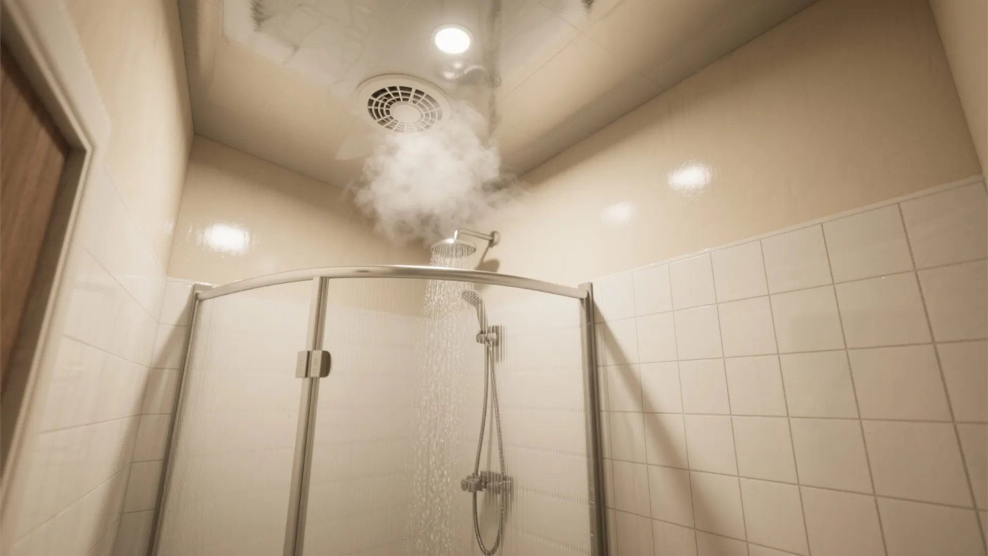 Modern bathroom shower area with white tile walls curved glass door and steam rising above