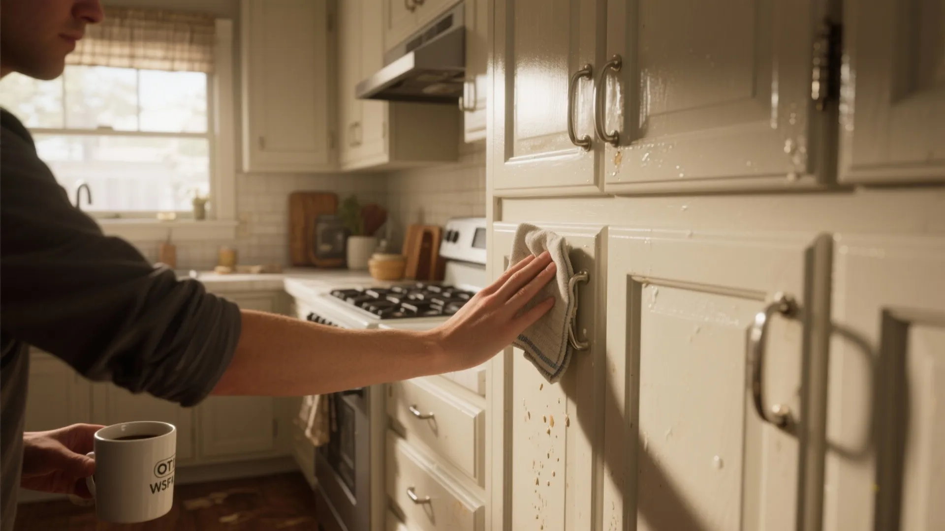 A person cleaning a white kitchen cabinet door with a cloth to remove liquid food stains