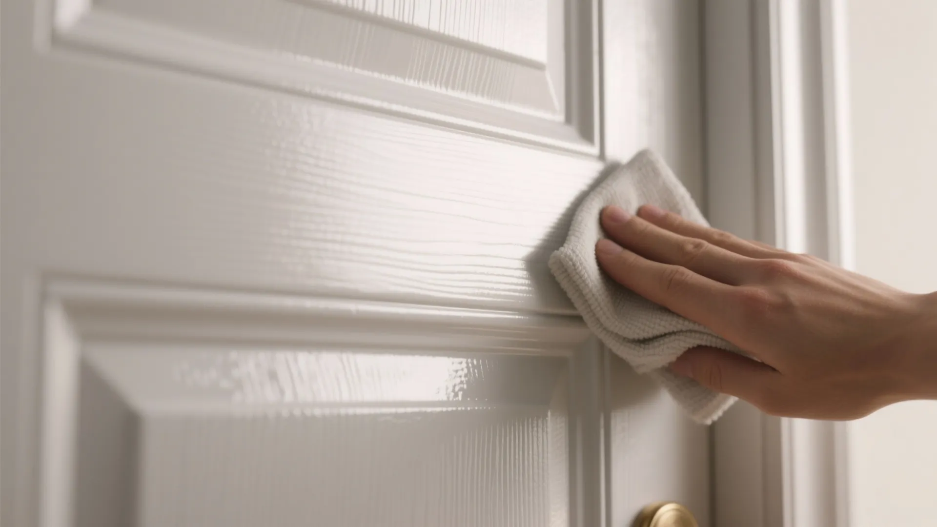 Person cleaning a white wooden door with cloth to show the shiny clean paint finish