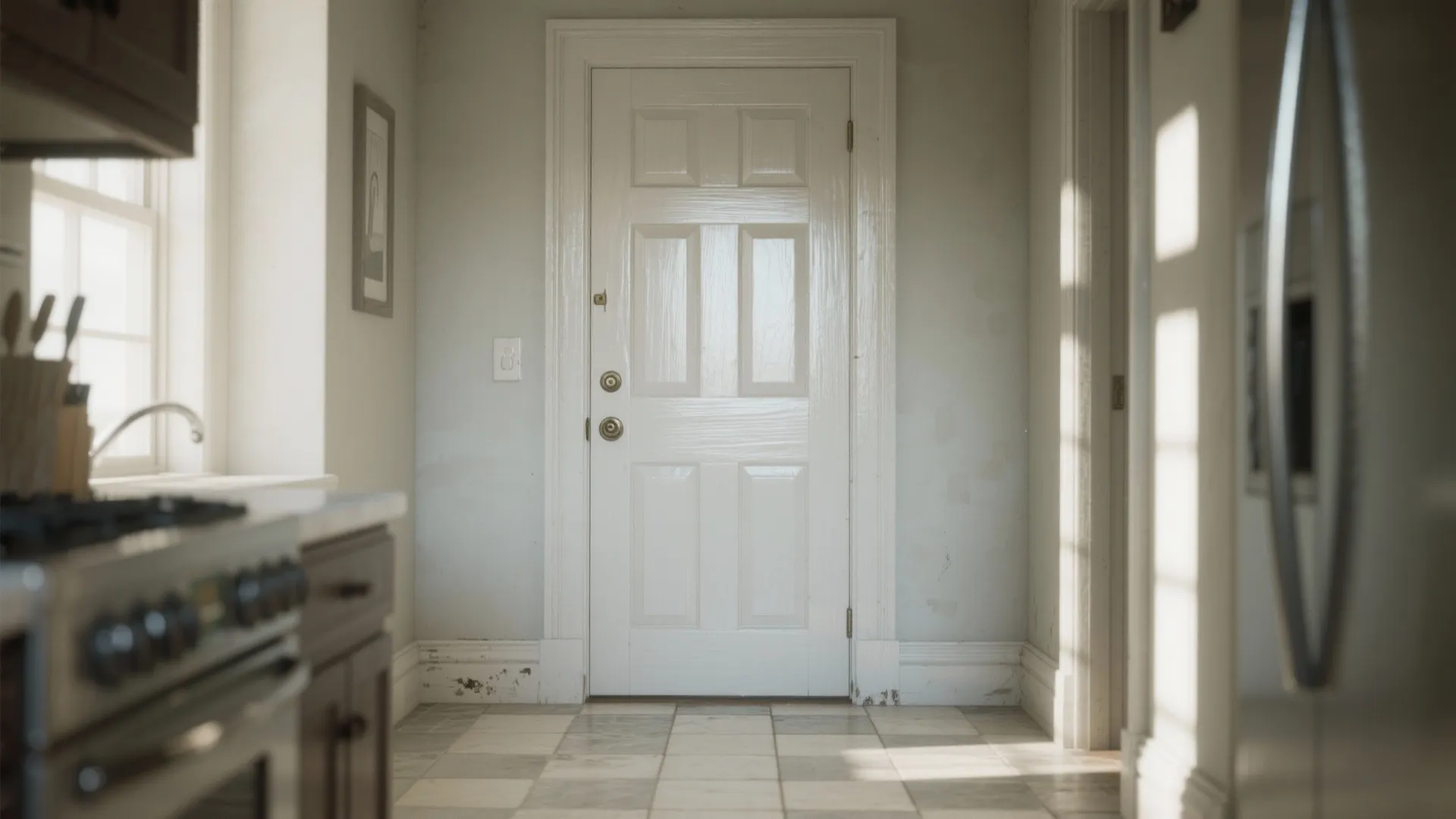 White wooden door in a kitchen with sunlight from windows and a checkered tile floor