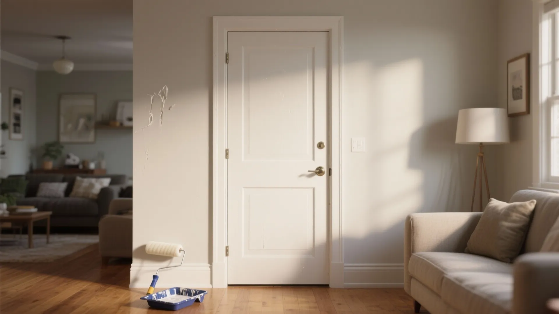 White interior door in a bright living room with paint roller and blue paint tray