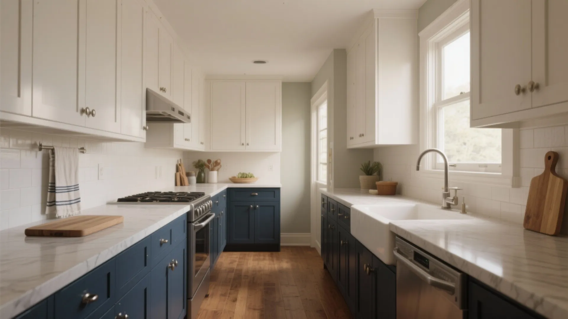 Narrow kitchen with blue bottom cabinets and white top cabinets plus wood floor and sink