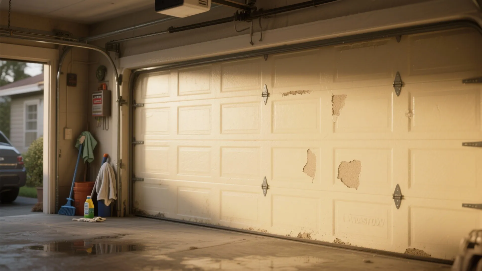 Damaged white garage door with peeling paint and cleaning tools on a concrete floor surface