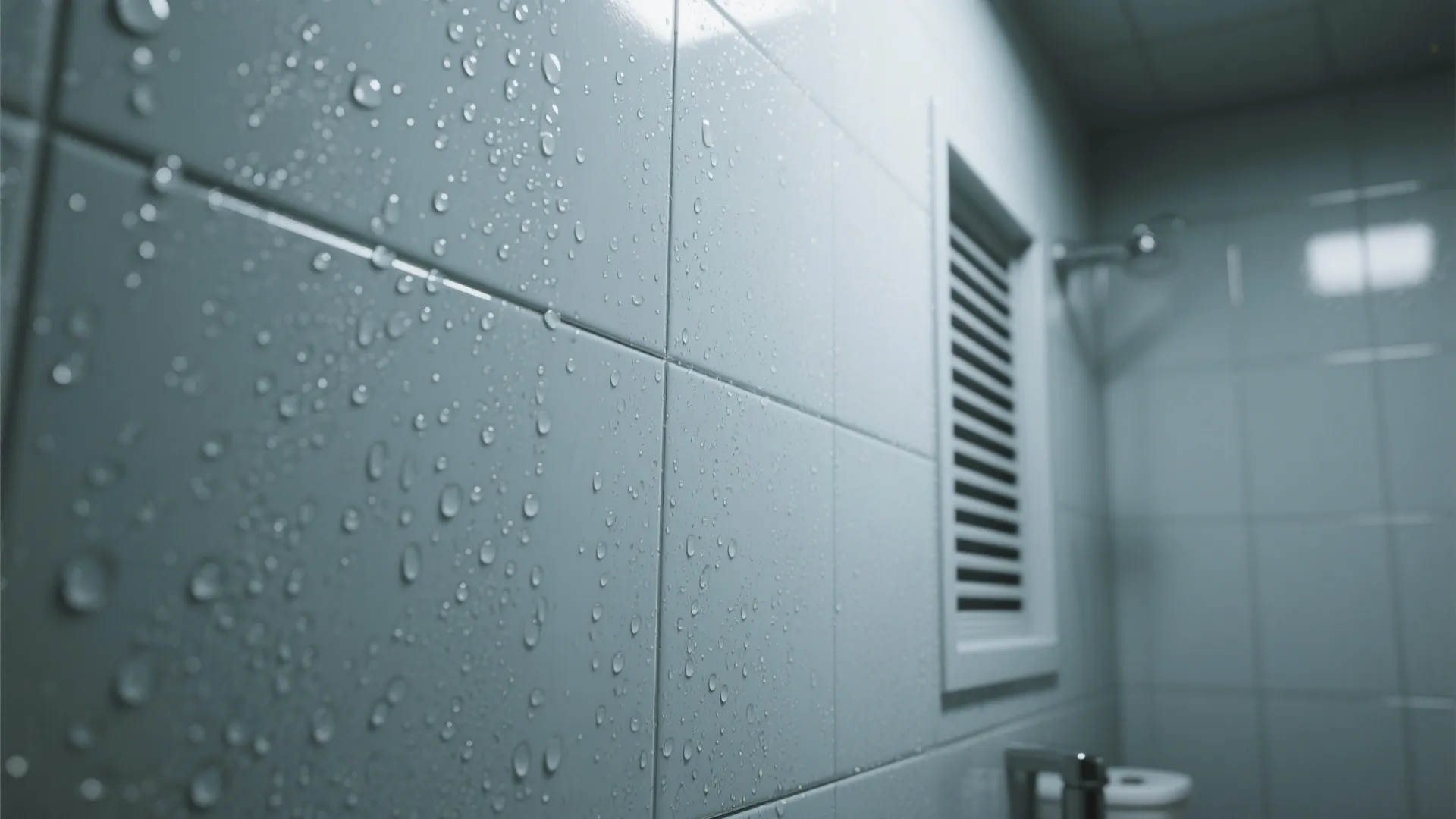 Close-up of semi-gloss bathroom paint with condensation beads, showing moisture resistance.