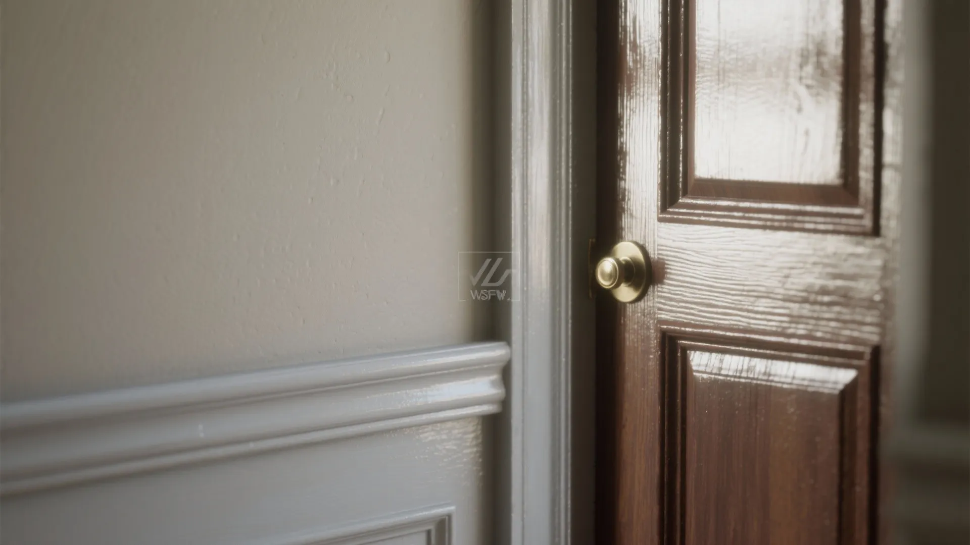 Close up of a brown wood door with gold handle next to white wall panel