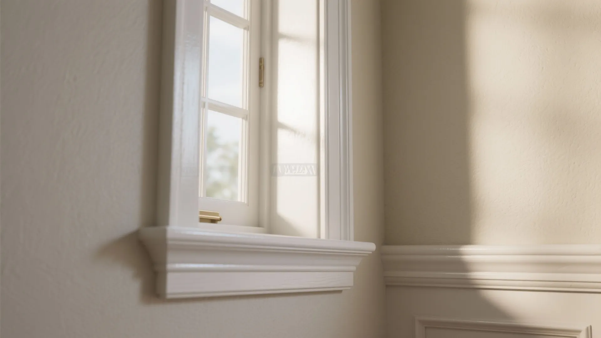 Close up view of white glossy window frame and wall panel with soft warm sunlight shadows