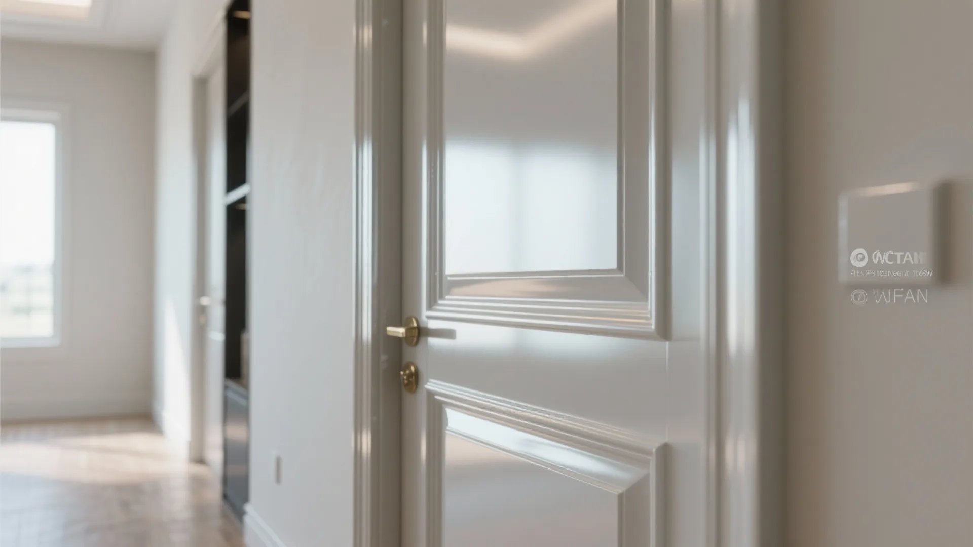 White gloss door with gold handle in a bright hallway with light reflecting on the surface