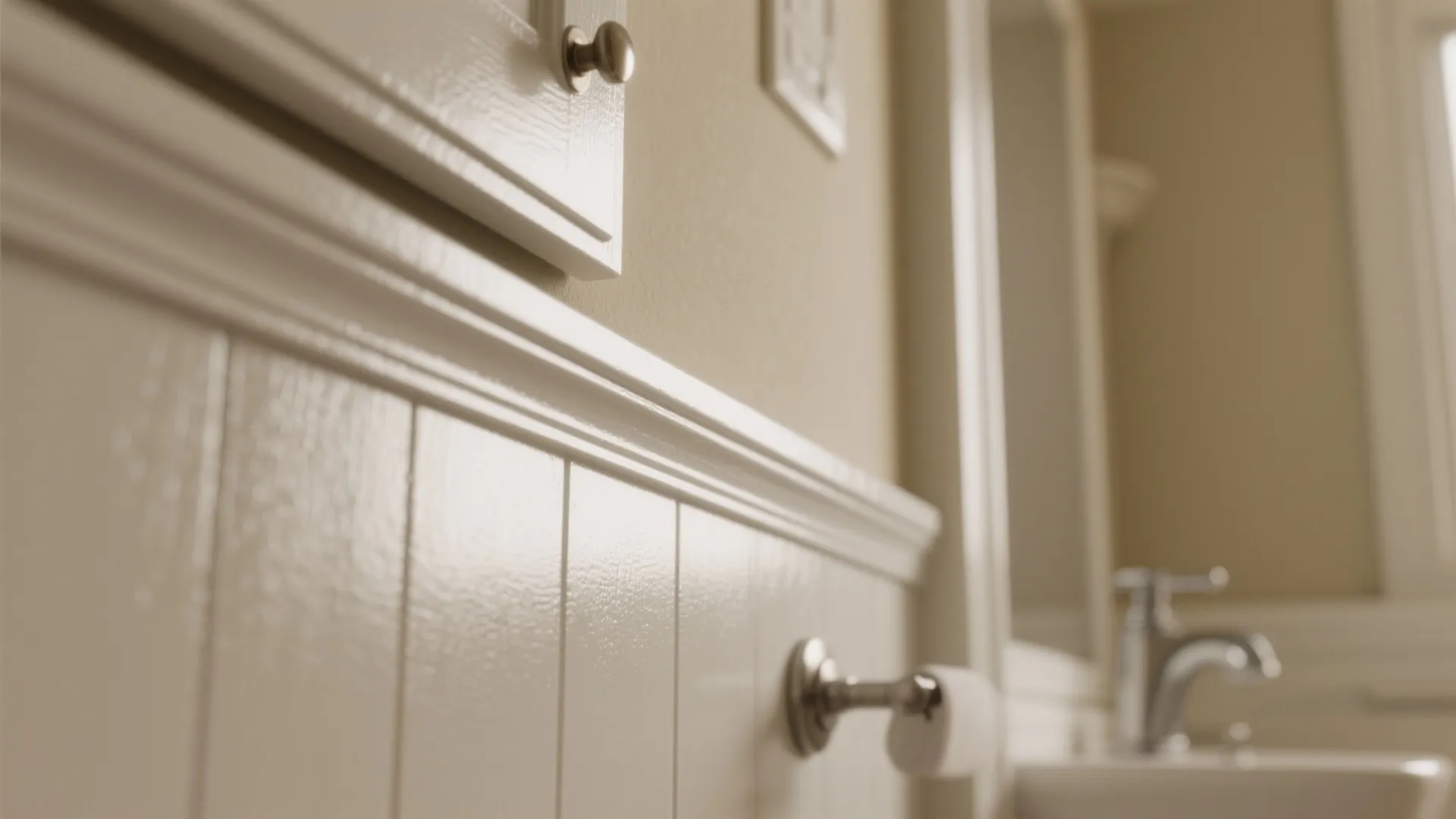 Semi-gloss painted trim and cabinet edge in a bathroom showing reflective sheen and clean prep.