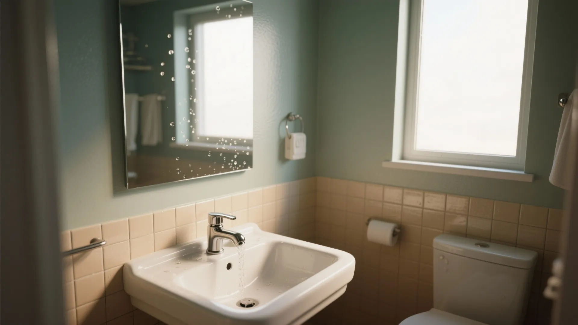 Bathroom with white sink, chrome faucet, mirror with water droplets, window and beige wall tiles