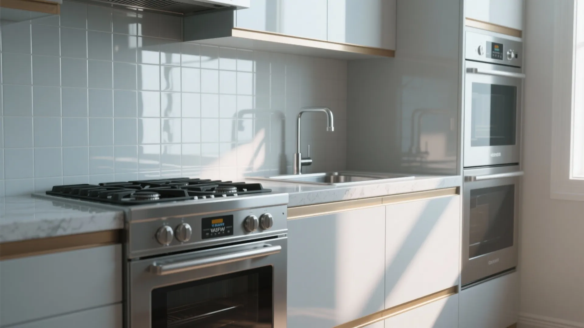 White kitchen design with marble countertop steel sink gas stove double oven and tile backsplash
