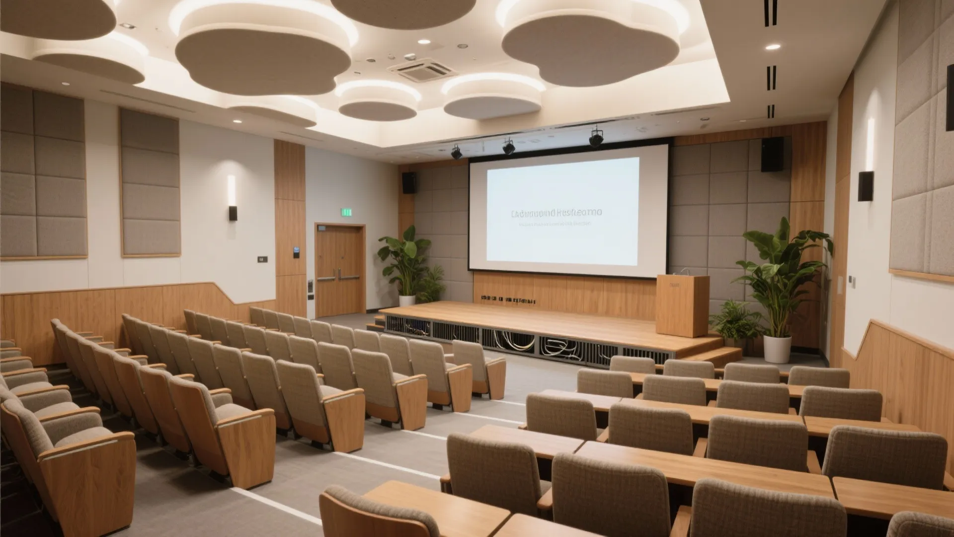 Large seminar hall with rows of fabric chairs, wooden stage, projector screen, and indoor plants