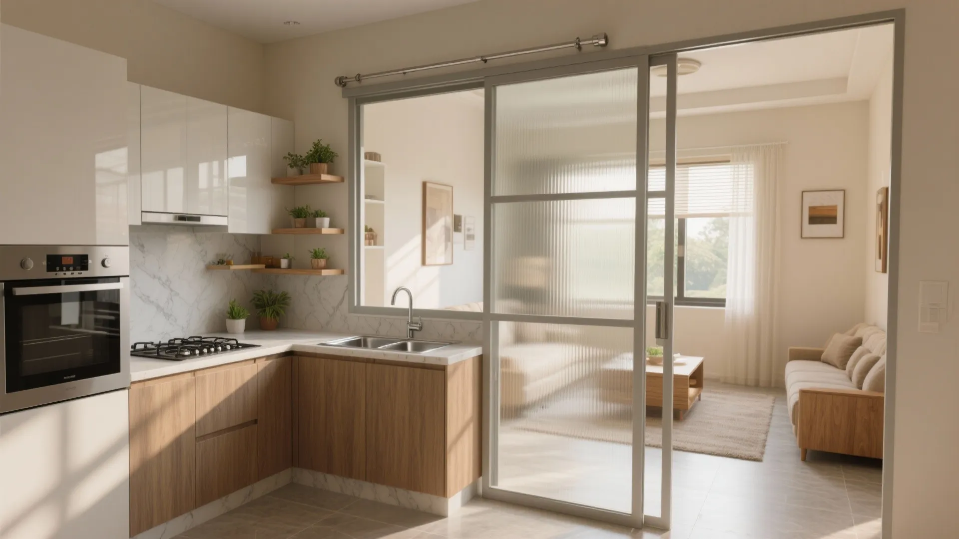 Semi-open kitchen with sliding glass partition