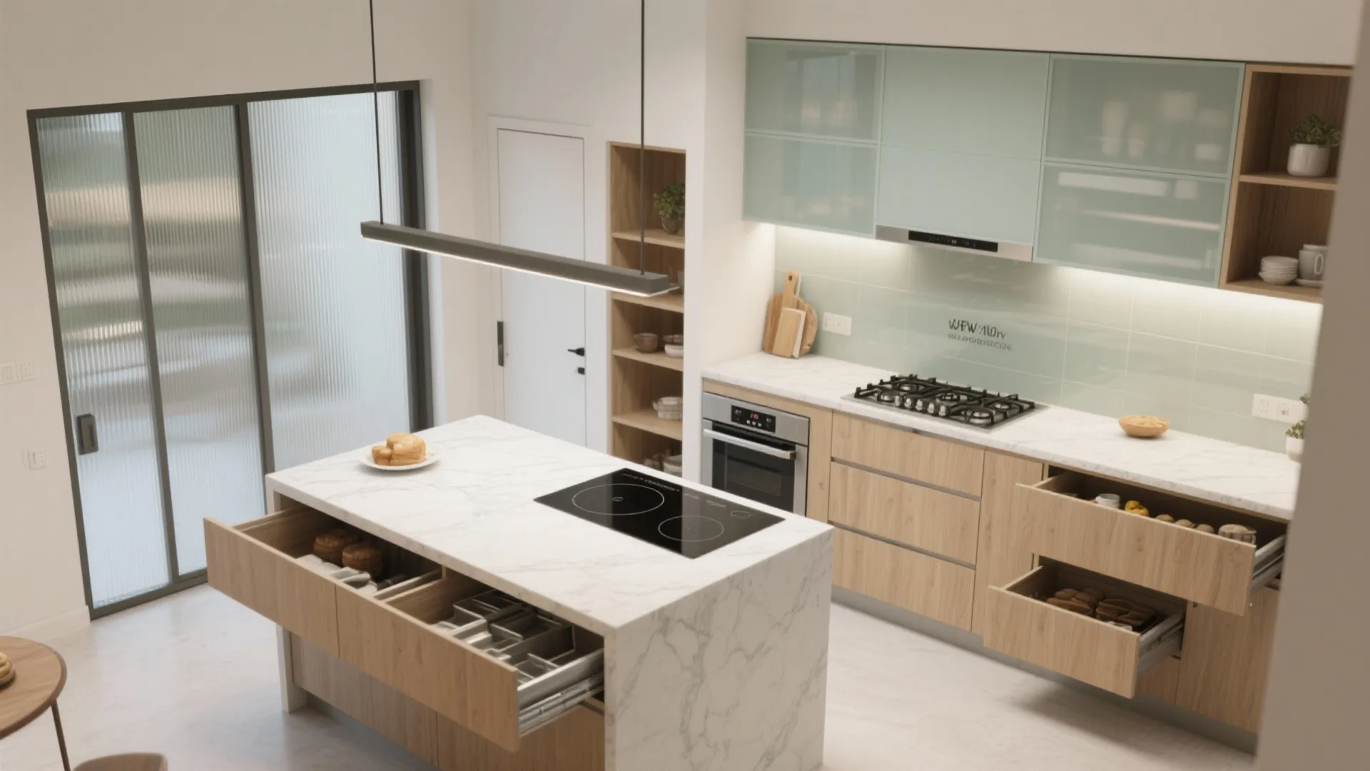 A semi-open chef’s kitchen with a smart prep pantry