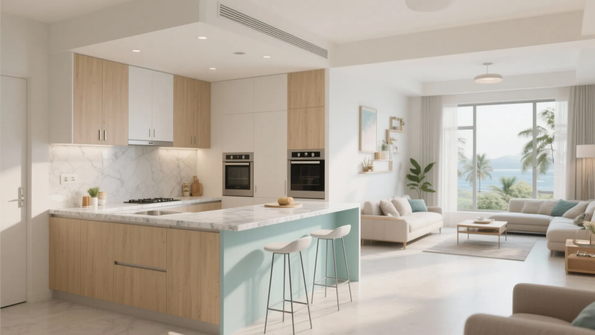 1) Semi-open kitchen-living with a crisp breakfast ledge