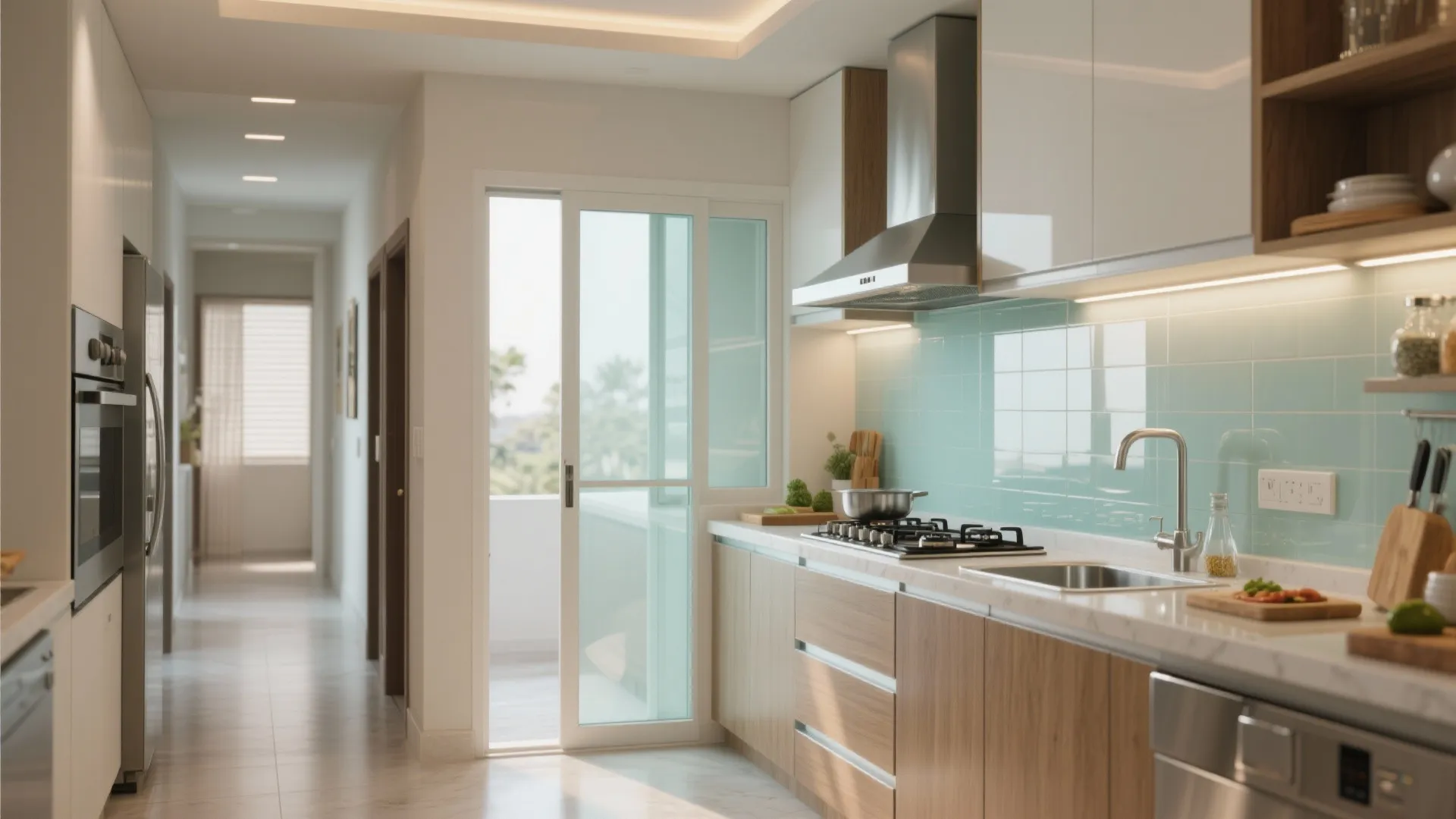 2) A semi-open kitchen with glass and zones