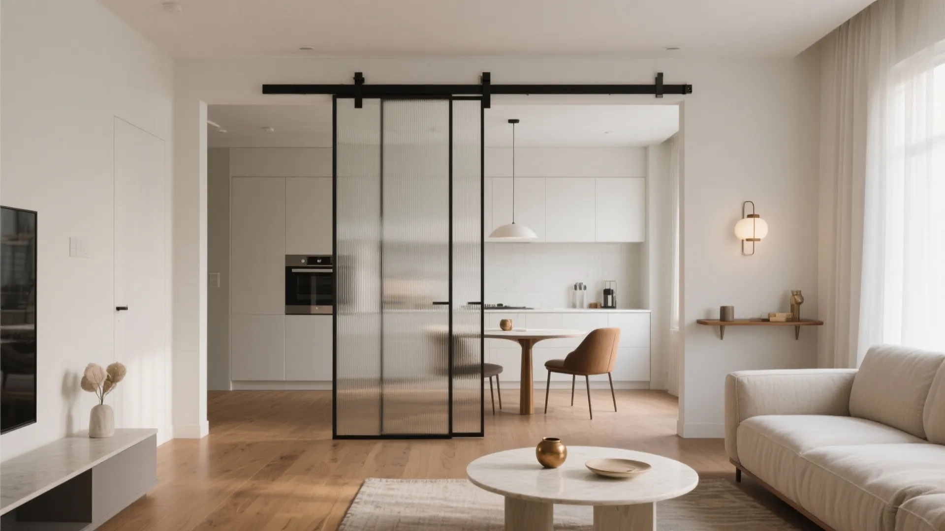 Semi-Open Living-Dining with a Sliding Glass Partition