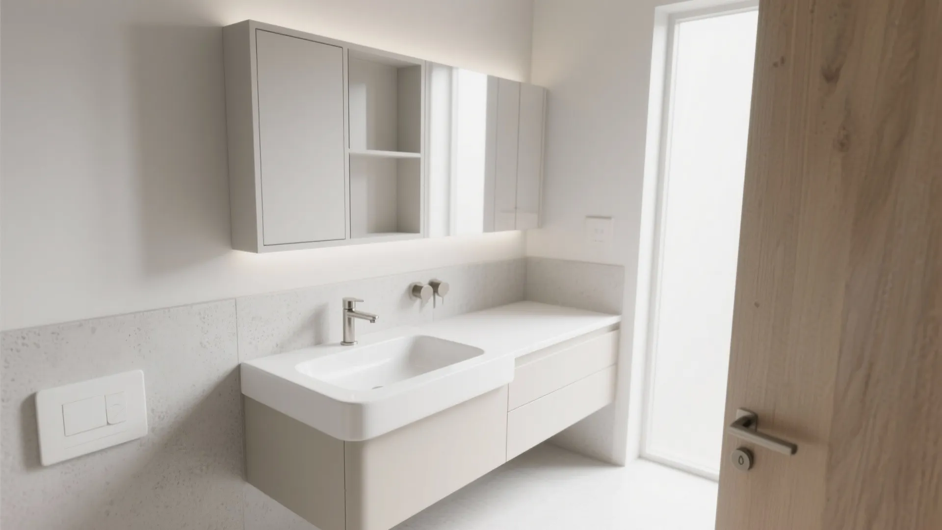 Bathroom interior with a white sink, light beige cabinet, wall mirror, and a wooden door