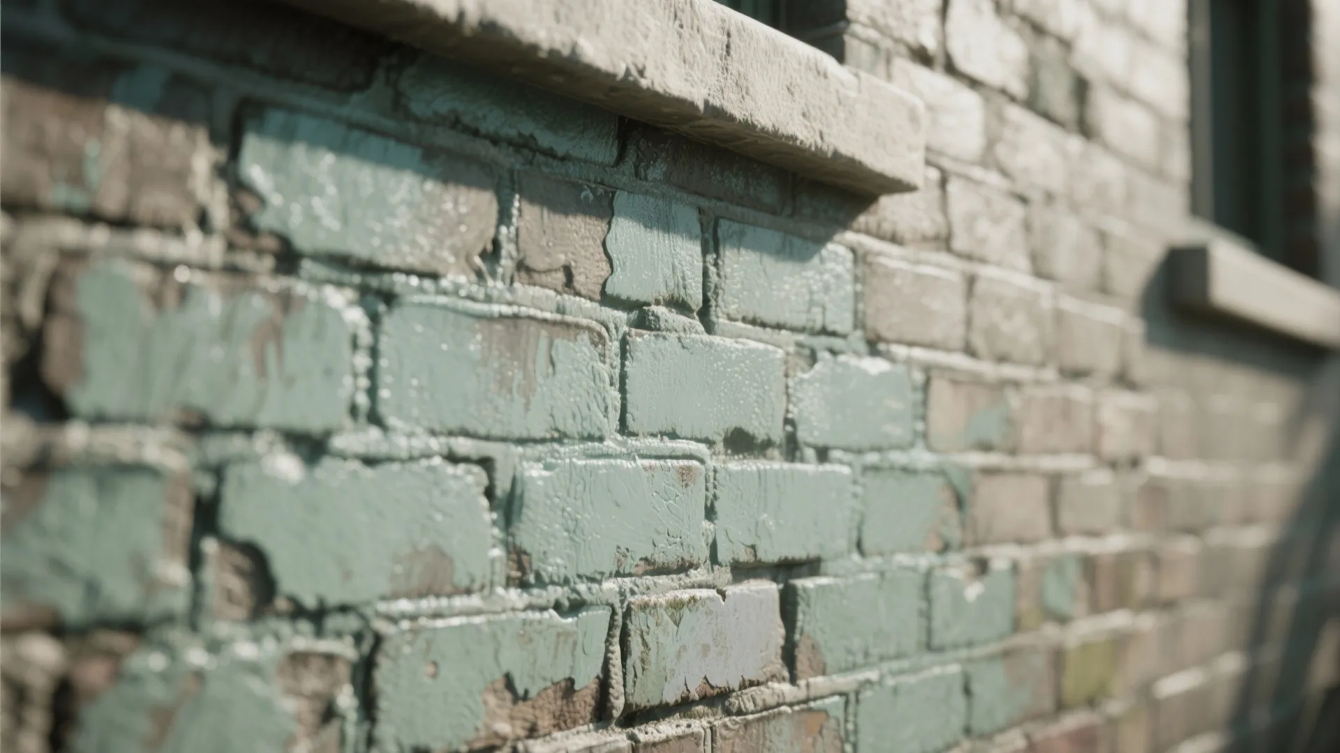 Close up view of an old brick wall with peeling light green paint and stone ledge
