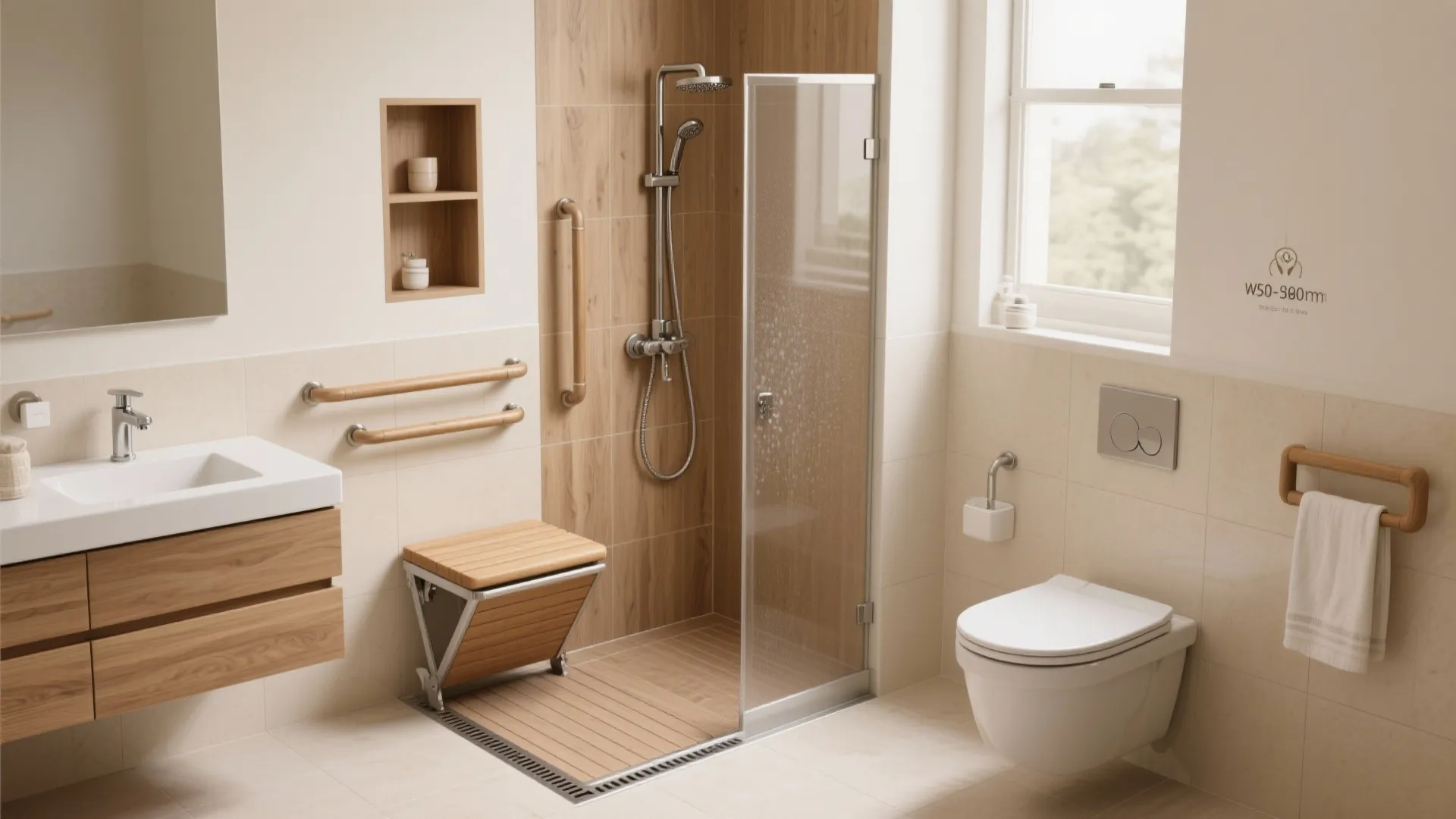 Accessible bathroom with wooden shower seat, safety grab bars, walk in shower, sink, and toilet