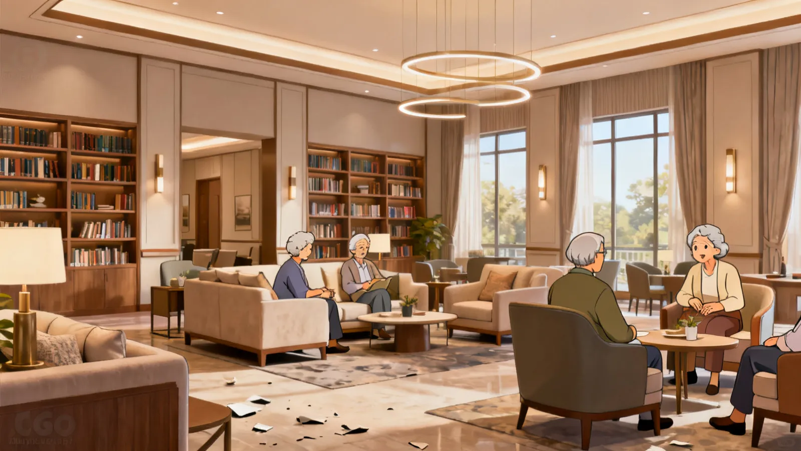 Luxury retirement community activity lounge with seniors socializing
