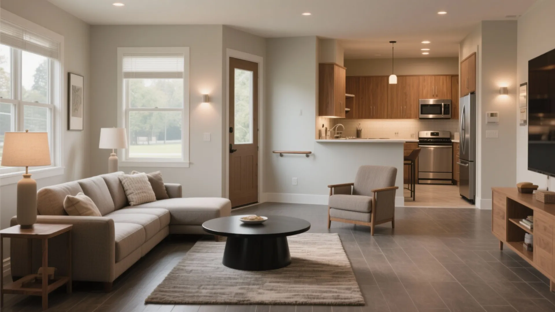 Modern open living room and wooden kitchen with beige sofa armchair round table and windows