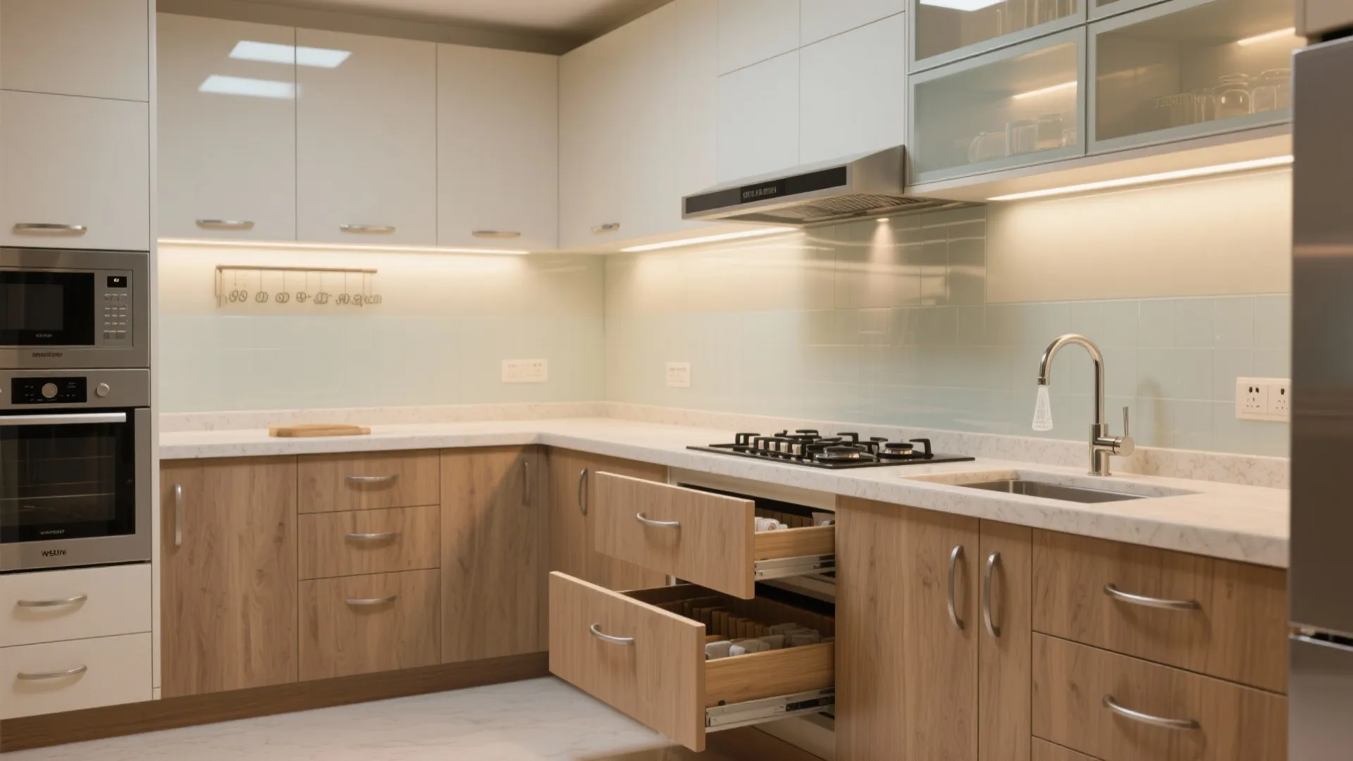 Modern kitchen with white cabinets wooden drawers marble countertop gas stove and silver water tap