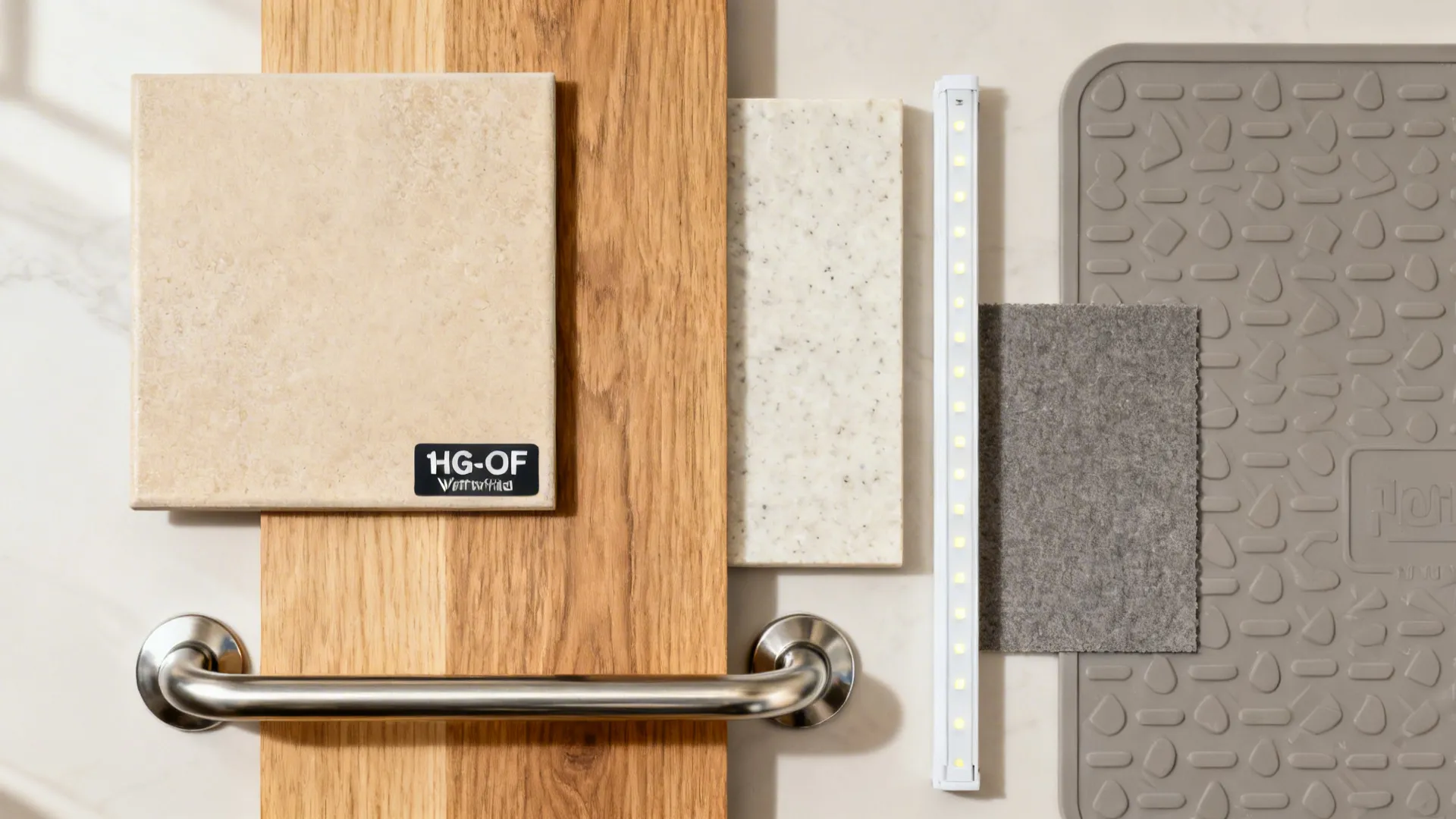 Flat lay of matte tile, wood laminate, quartz, stainless grab bar, and LED strip for a safe kitchen palette.