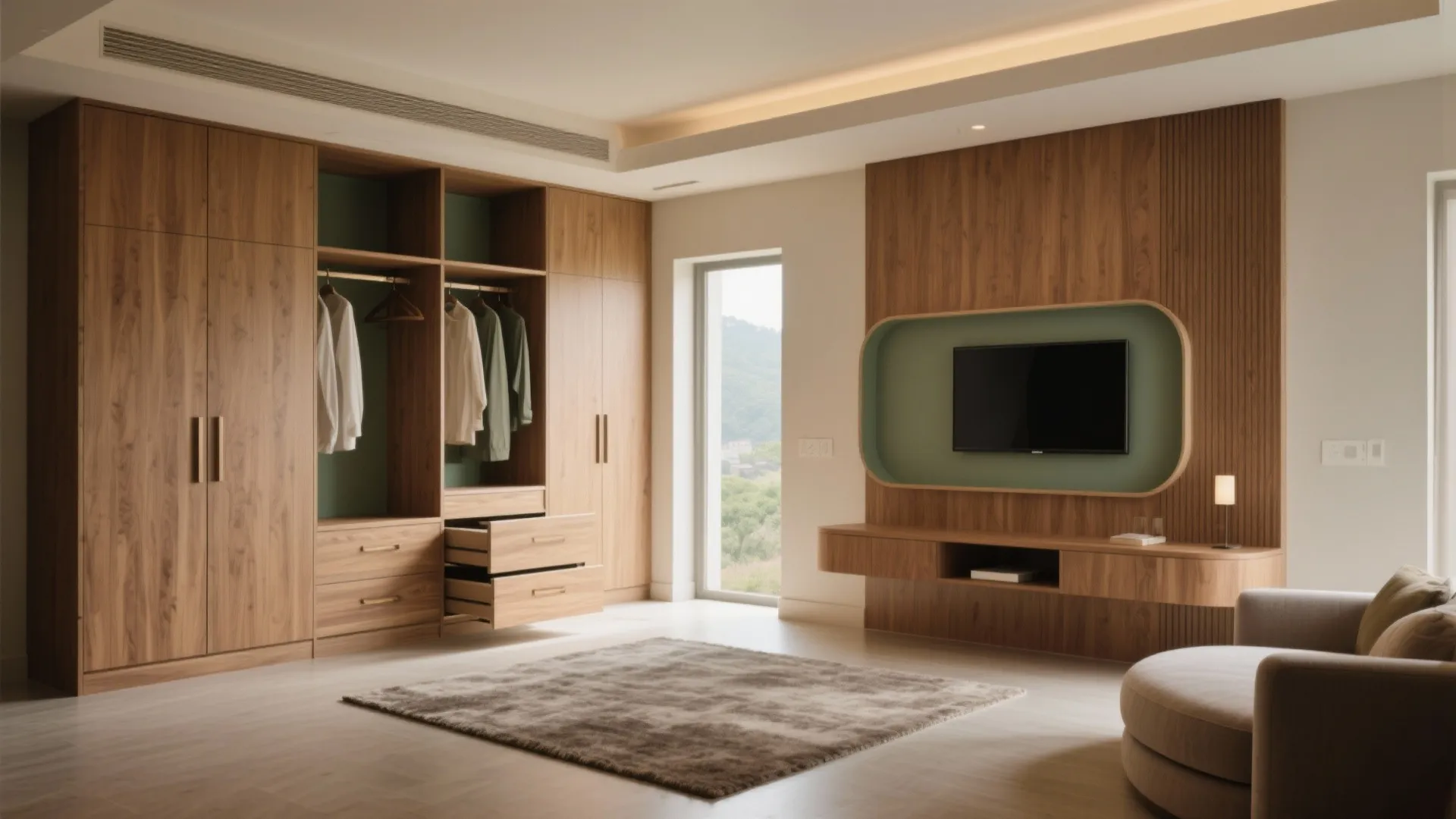 Modern bedroom with wooden wall paneling, built-in television unit, large wardrobe, and a grey rug