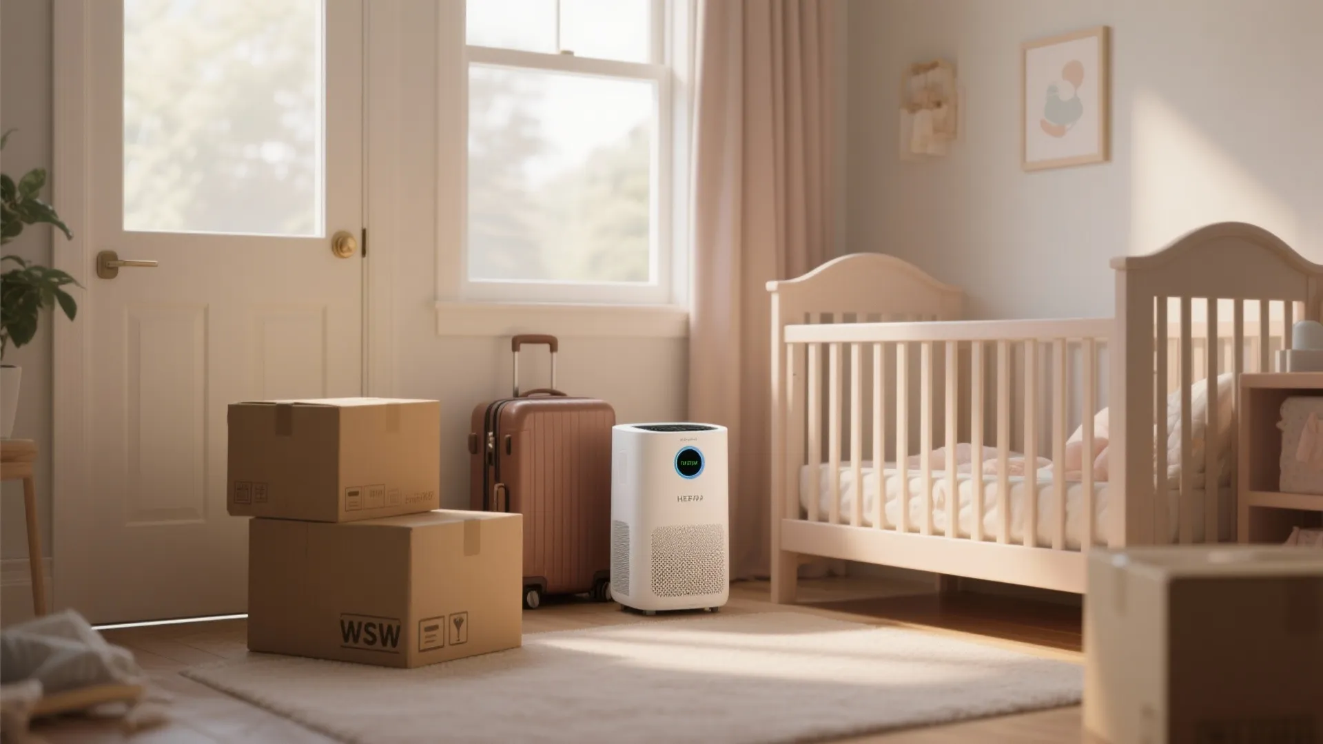 White air purifier in baby room with crib cardboard boxes and suitcase near large window