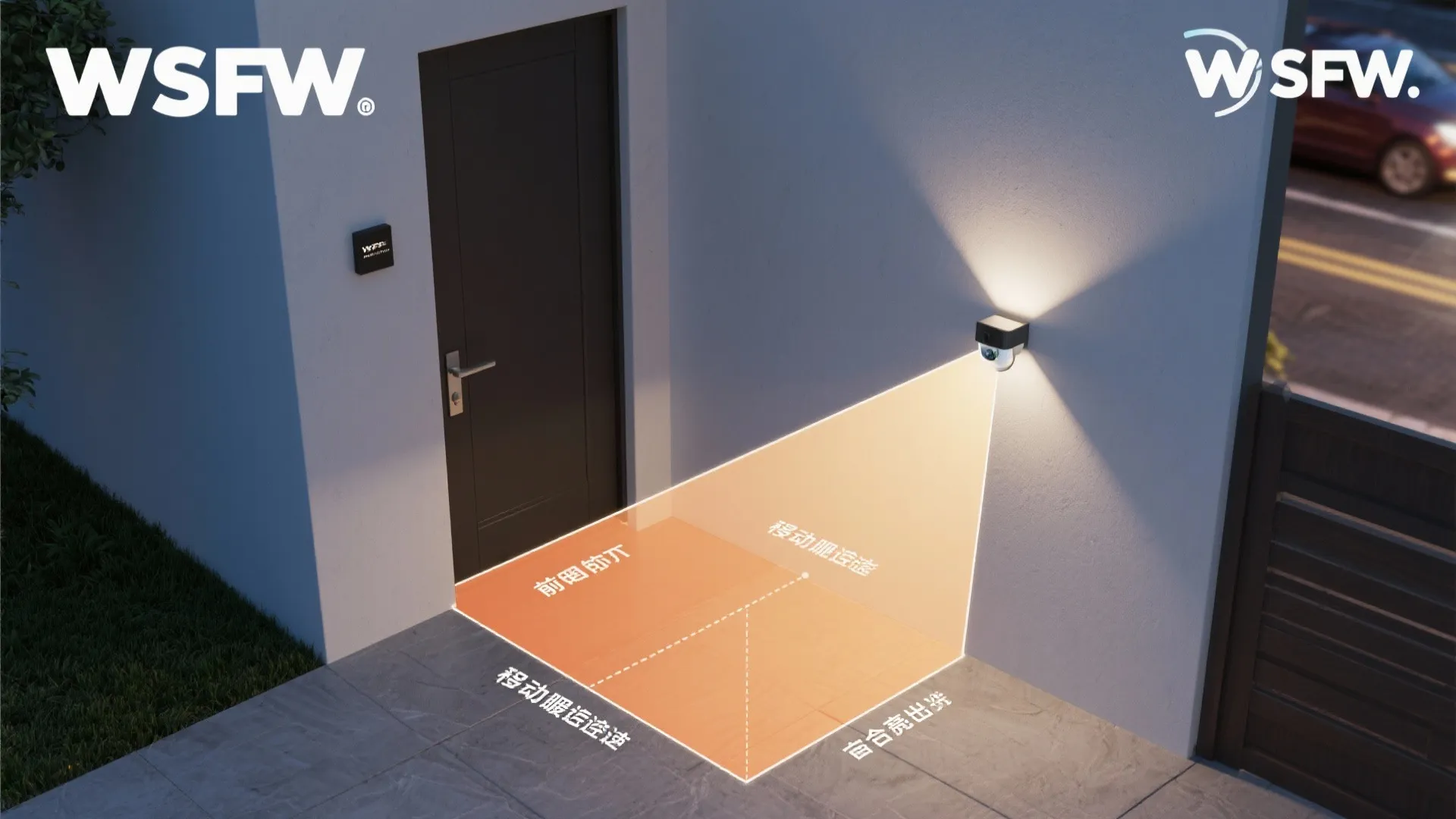 Modern outdoor wall light showing light coverage zones on a grey floor beside a dark door