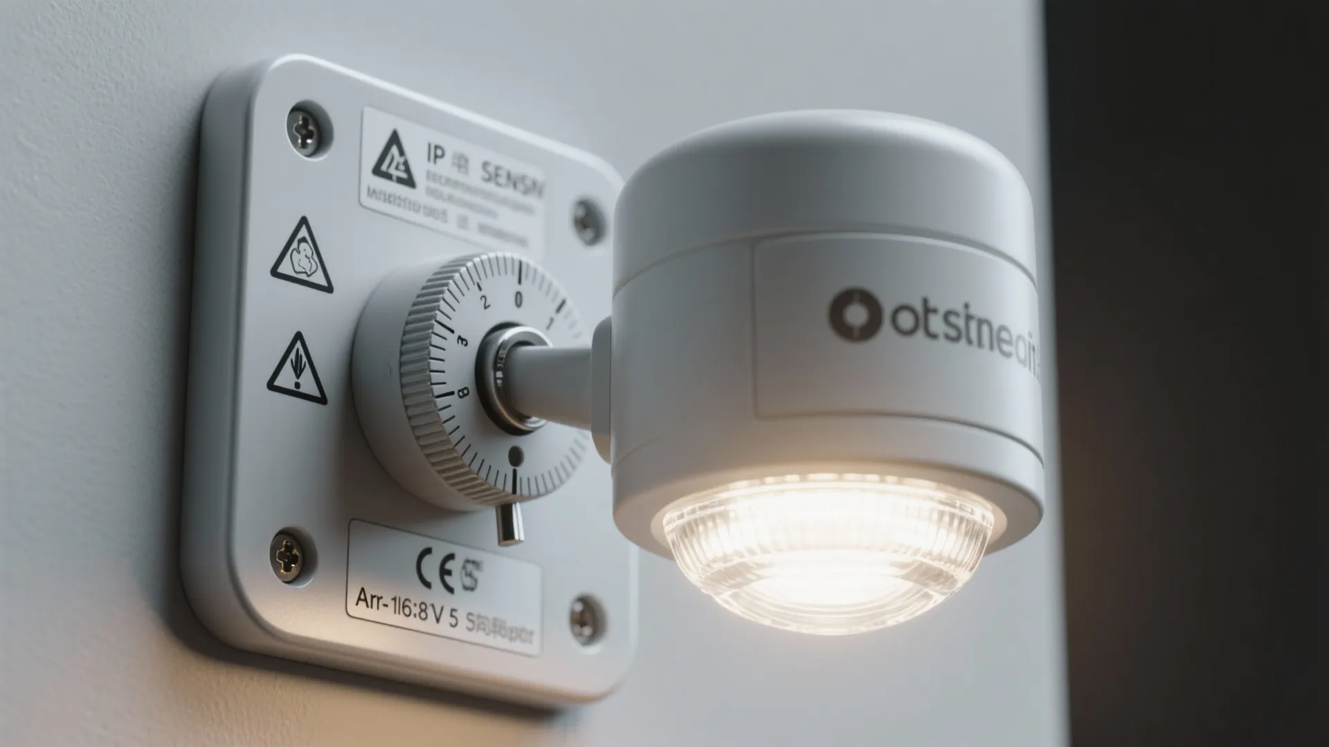 Close up view of white smart motion light fixture with adjustable dial mounted on wall