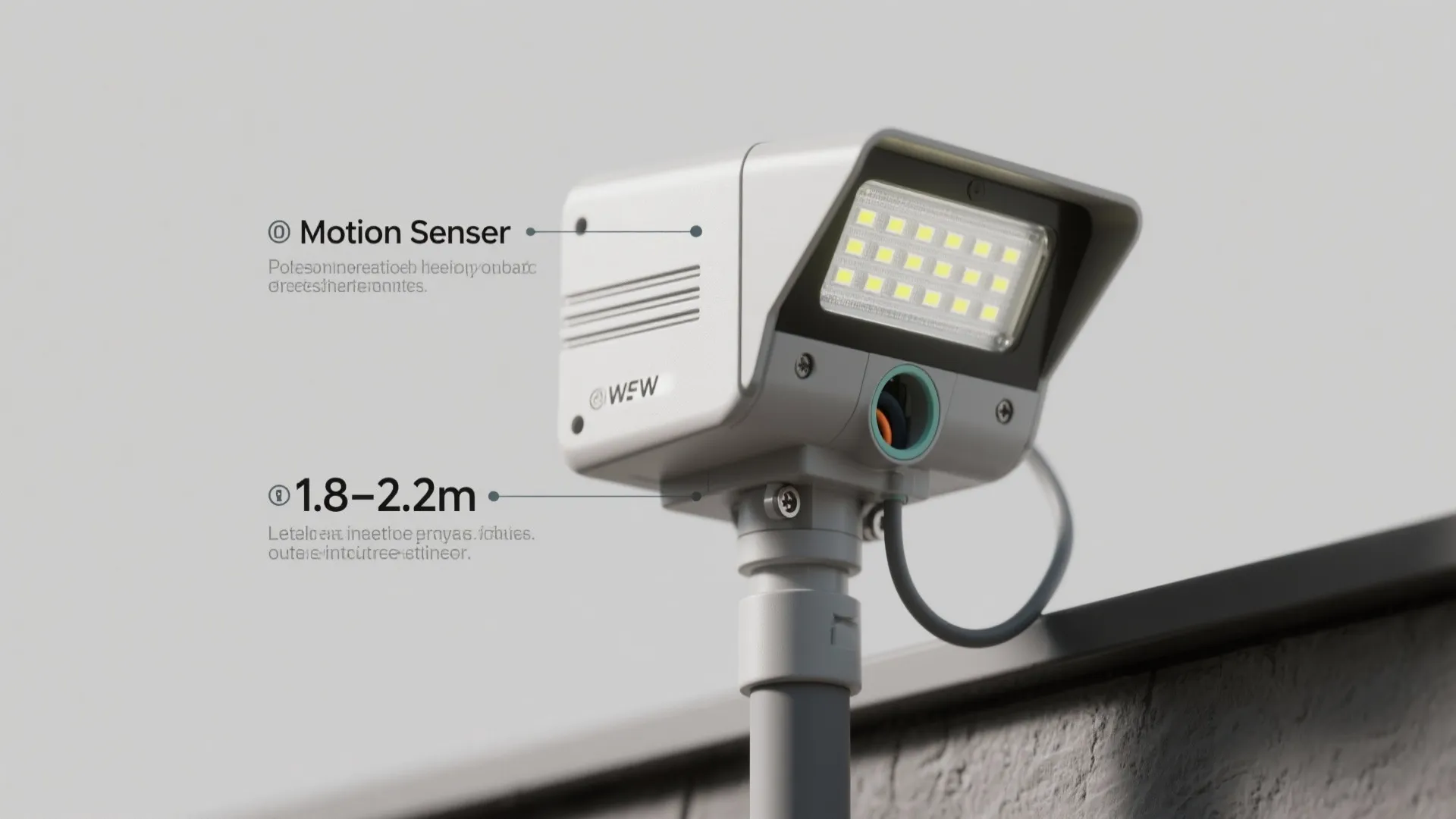 Close up of an outdoor security light showing motion sensor features and recommended installation height