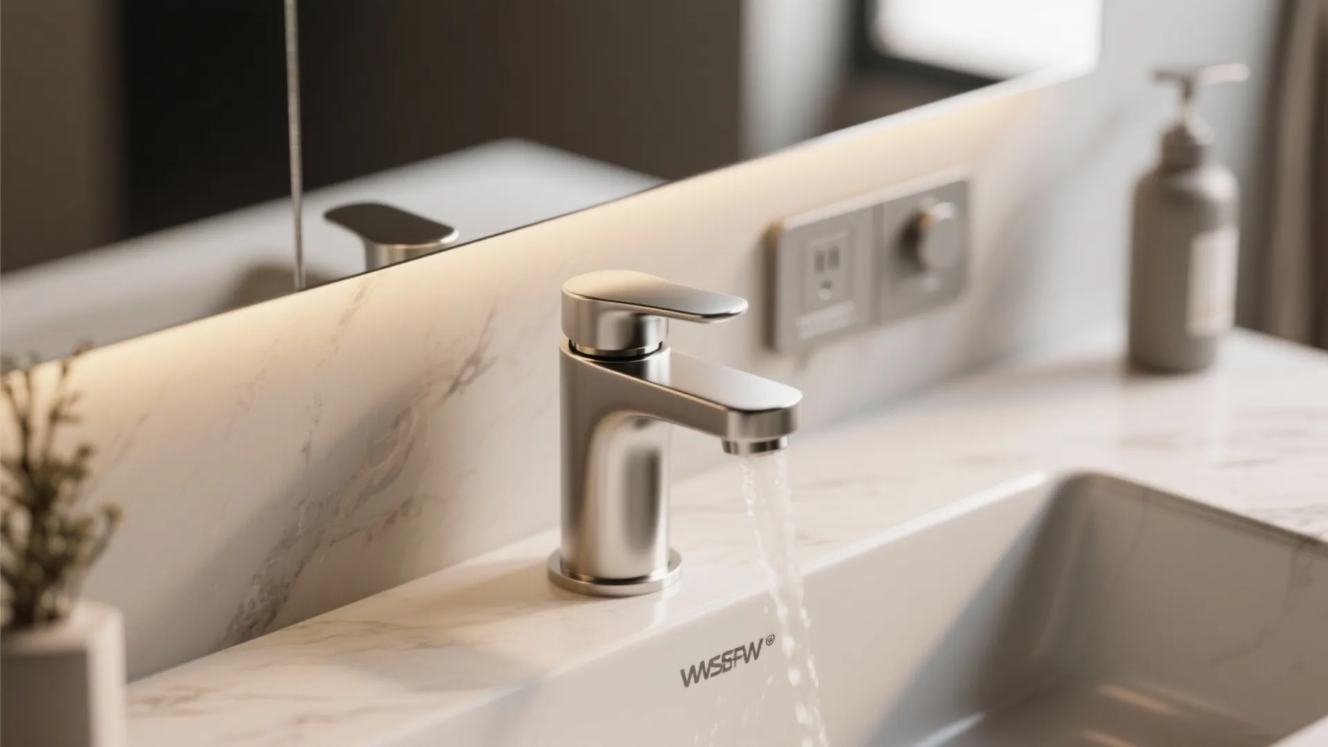 Silver water faucet running into a white bathroom sink with marble countertop and large wall mirror